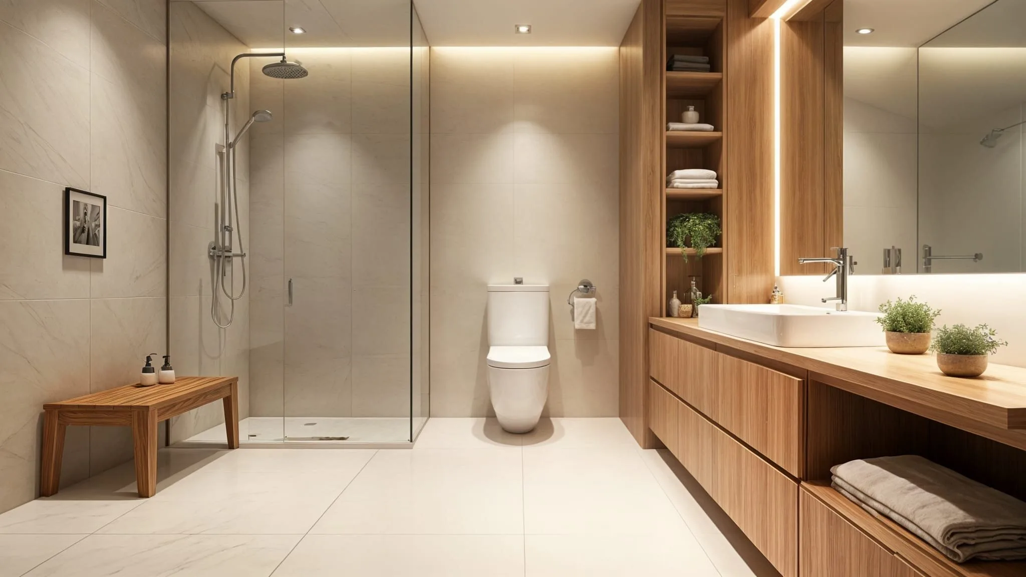 Pakiet Komfortowy – łazienka z prysznicem typu walk-in i elegancką ceramiką