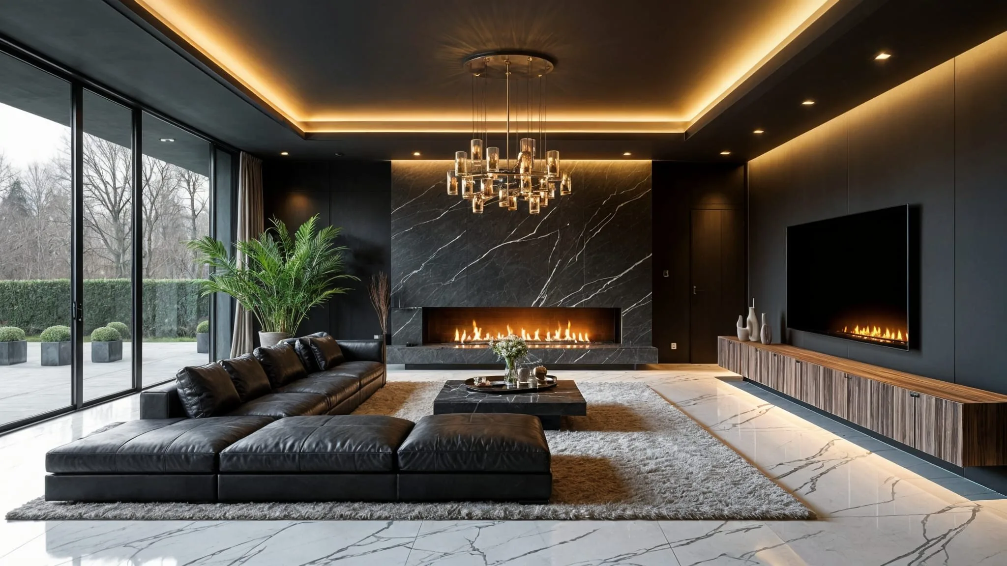 Pakiet Luksusowy – luksusowy salon z designerską sofą, drewnianą podłogą i panoramicznymi oknami