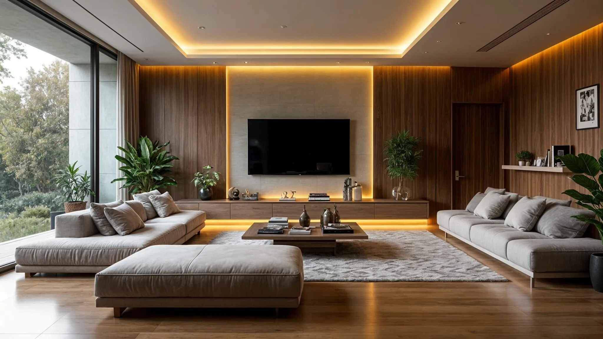 Pakiet Prestiżowy – salon z dużymi przeszkleniami, drewnianą podłogą i elegancką sofą