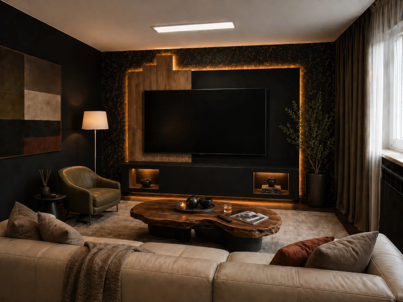 Finalnie zaaranżowany salon z gotową ścianą RTV, podświetleniem, telewizorem, zasłonami, sofą, fotelem, stolikiem i dekoracjami.