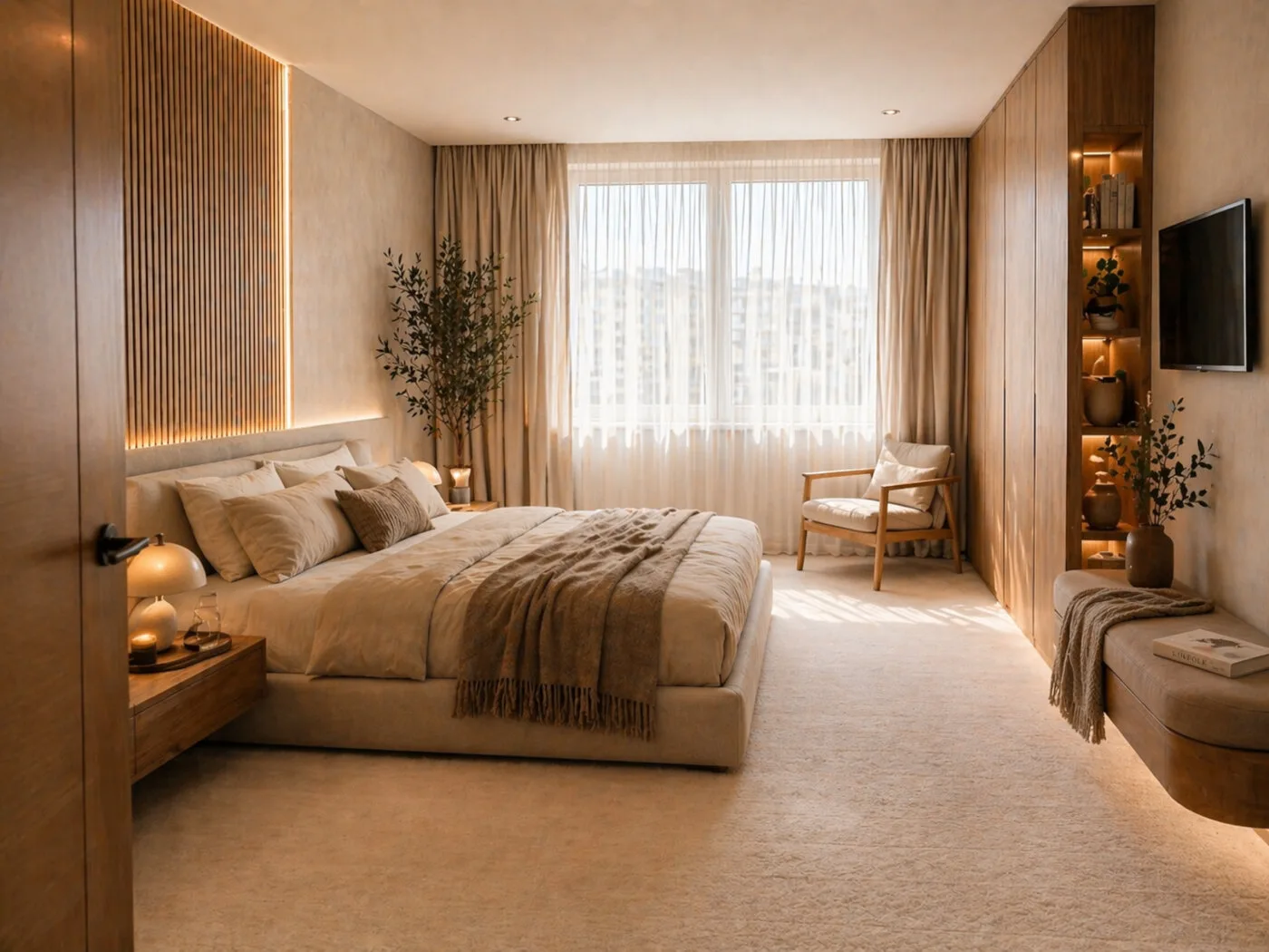 Sypialnia po metamorfozie mieszkania w bloku wykonanej przez Mivare Interiors.